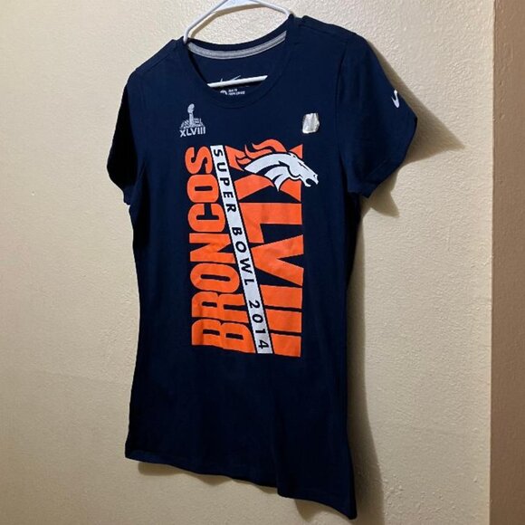 New Nike Womens Navy Blue/Orange Denver Broncos Football Slim Fit T-Shirt Medium - Picture 1 of 4